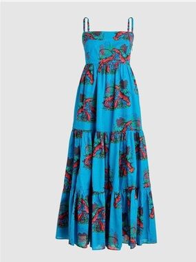 J Crew Blue Tropical Tiered Maxi Dress with Spaghetti Straps